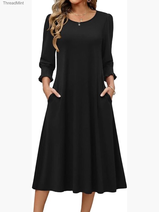 Dresses & Skirts - 3/4 Sleeve Floral Midi Dress with Pockets Casual Women's Dress